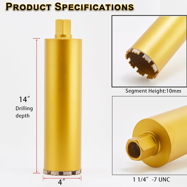 4 Inch Wet Core Drill Bits,  4" Core Bit for Concrete, 14" Drilling Depth, 1-1/4"-7 Thread Diamond Core Bit for Cured Concrete with Rebar, Hard Masonry, Brick Block, Stucco, Stone (102Mm)
