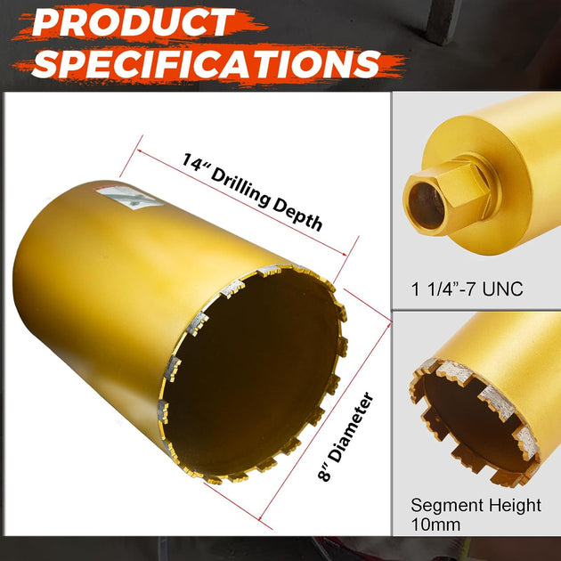 8 Inch Wet Core Drill Bit, 8" Core Bits for Concrete, 1-1/4"-7 Thread, 14" Drilling Depth Diamond Core Drill for Concrete with Rebar, Masonry, Brick Block,Cement, Stucco, Stone (203Mm)