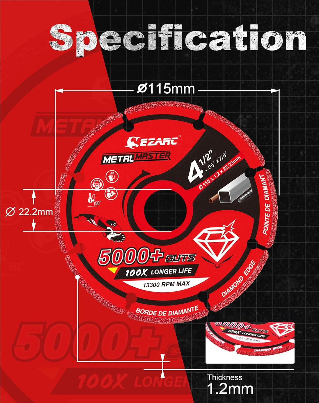 Diamond Cutting Wheel 4 1/2 X 7/8 Inch for Metal, Cut off Wheel with 5000+ Cuts on Rebar, Steel, Iron and INOX