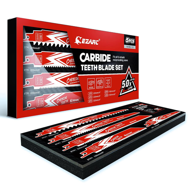 Carbide Reciprocating Saw Blades Set, 3 TPI, 6 TPI, and 8 TPI for Multi-Material Cutting, Heavy-Duty for Demolition, 5-Pack