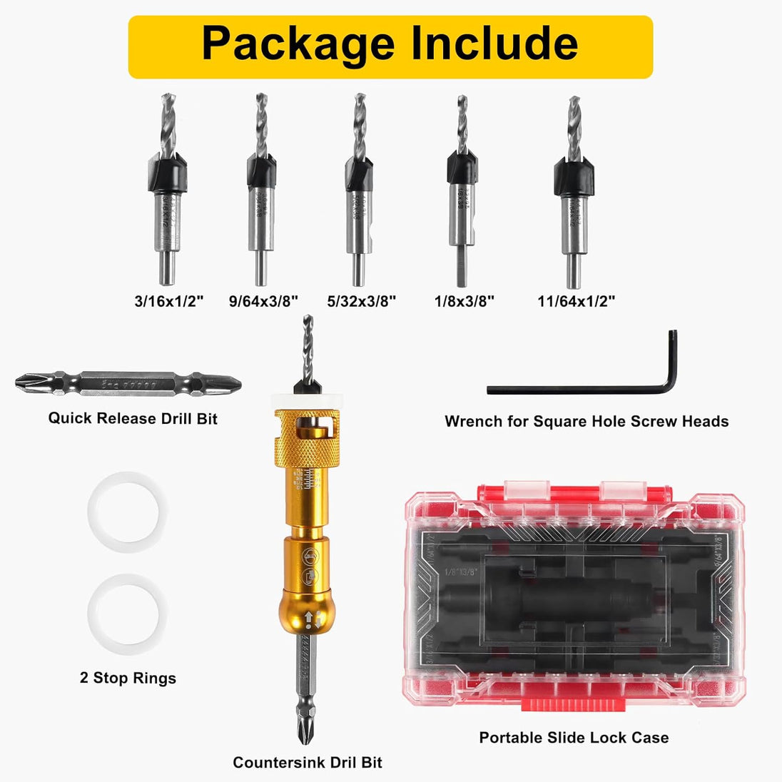 5PCS Countersink Drill Bit Set with Low Friction Depth Stop & Replaceable HSS M2 Drill Bit, Counter Sink Drill Bit for Wood, Plastic, Woodworking, with 1/4" Quick Change Hex Shank & Case