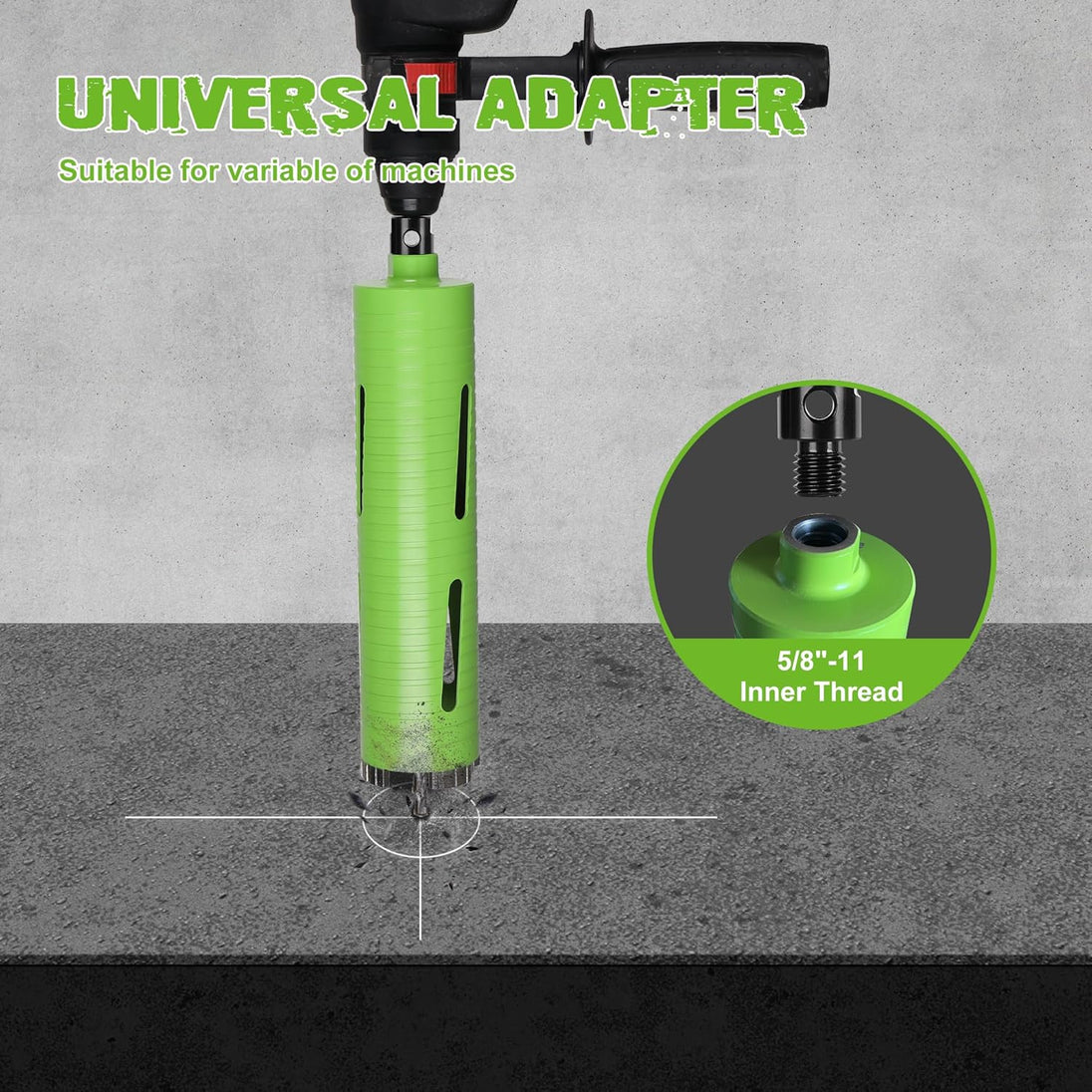2 1/2 Inch Dry Core Drill Bit with Pilot Bit and 2 Pcs Adapters (SDS plus Adapter&Hex Adapter), 5/8"-11 Threaded Diamond Core Bit for Concrete/Brick/Masonry, 10" Drilling Depth