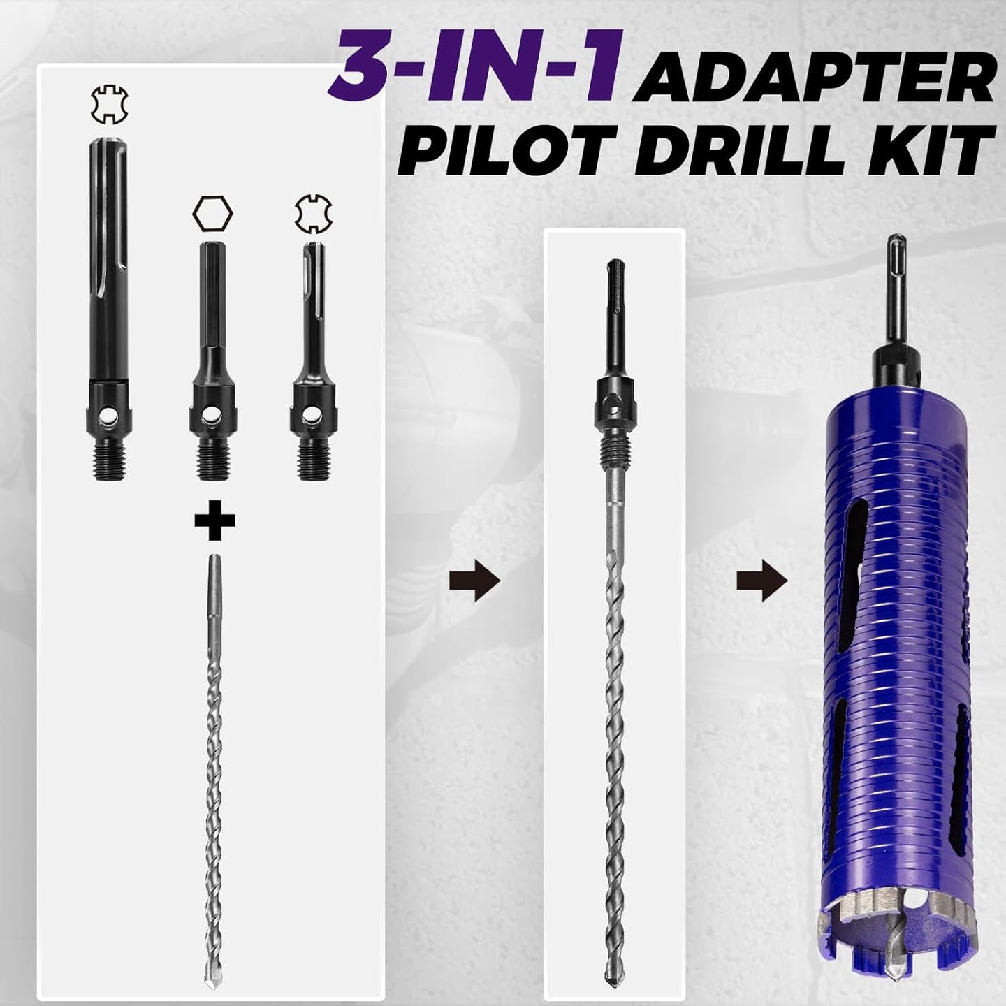 3" Pro Dry Core Drill Bit with Pilot Bit & 3 Adapters (SDS Plus/Sds Max/1/2 Hex), Upgraded-Welded Blade Core Bits for Concrete with Rebar, Masonry, Brick, Mortar - 9.5" Depth, 5/8"-11 Thread