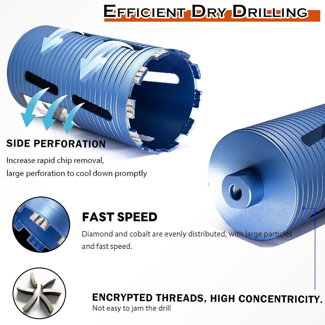 1" Dry Core Drill Bit, 5/8"-11 Thread, with 3 Adapters Included: SDS Plus, SDS Max and 1/2" Hex Shank -9.5" Drilling Depth Diamond Core Bits for Concrete, Brick, Block, Stucco and Masonry