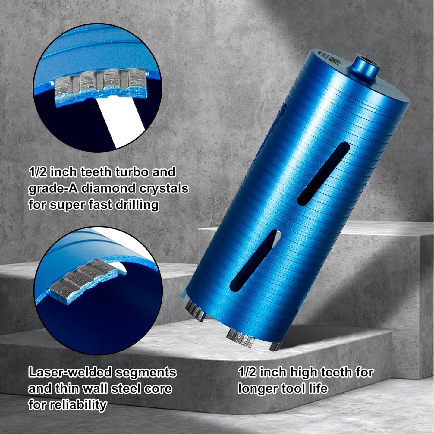 Diamond Core Drill Bits 2" Diameter 10"/254Mm Drilling Depth 5/8-11" Thread Core Bit Turbo Laser-Welded Segments for Cured Concrete With, Brick, Block, Masonry, with Two Adapters