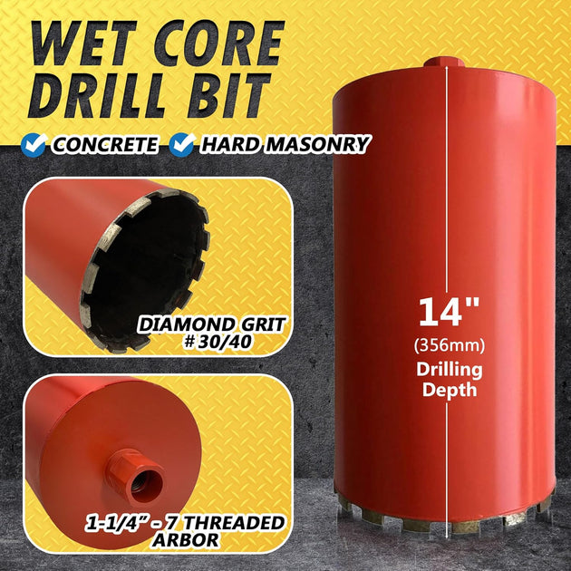 10" Wet Drill Core Bits for Concrete and Hard Masonry, 10Mm Segment Height, 14" Drilling Depth, 1-1/4"-7 Arbor, Wet Only