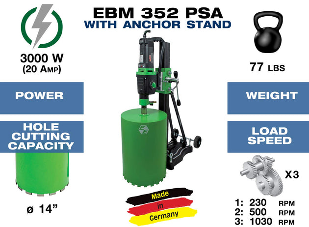 | EBM 352/3 PSA | 14" Capacity, 110 V, Concrete Core Drilling Rig with Anchor Stand. Wet Diamond Core Drill - 3-Speed for Concrete, Brick, Block, Asphalt, and Stone - Made in Germany
