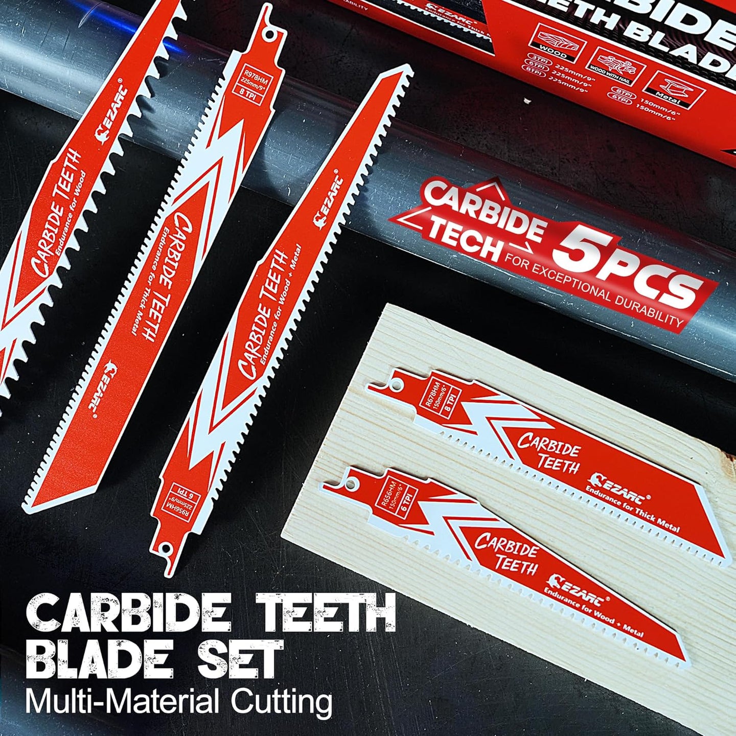 Carbide Reciprocating Saw Blades Set, 3 TPI, 6 TPI, and 8 TPI for Multi-Material Cutting, Heavy-Duty for Demolition, 5-Pack