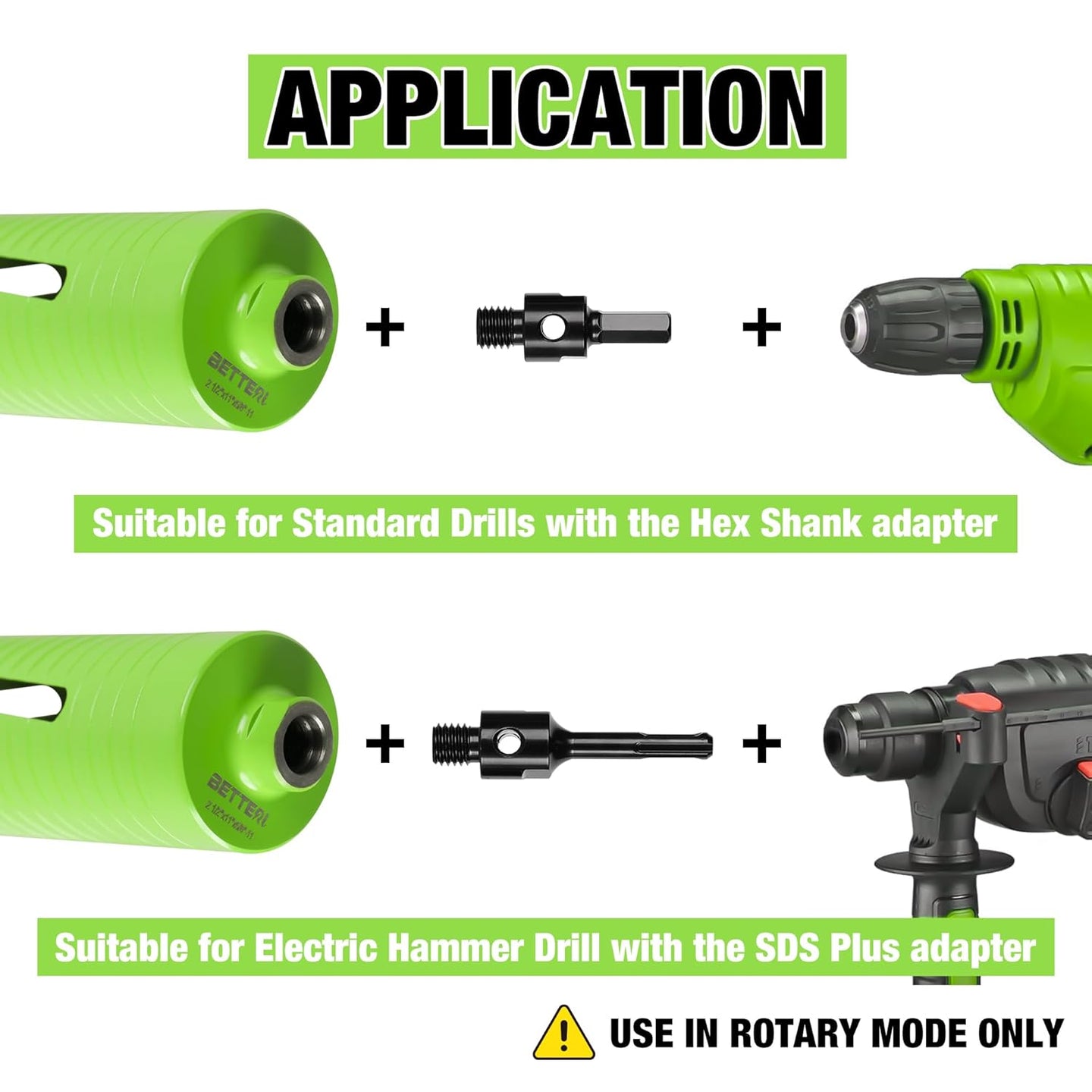 2 1/2 Inch Dry Core Drill Bit with Pilot Bit and 2 Pcs Adapters (SDS plus Adapter&Hex Adapter), 5/8"-11 Threaded Diamond Core Bit for Concrete/Brick/Masonry, 10" Drilling Depth