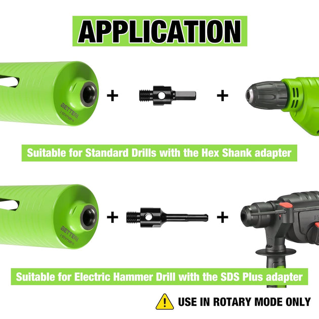 2 1/2 Inch Dry Core Drill Bit with Pilot Bit and 2 Pcs Adapters (SDS plus Adapter&Hex Adapter), 5/8"-11 Threaded Diamond Core Bit for Concrete/Brick/Masonry, 10" Drilling Depth
