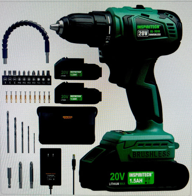 20V Cordless Brushless Power Drill Set with 2 Batteries and Charger, Tool Bag