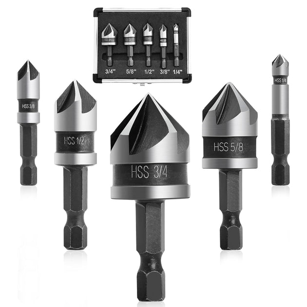 5PCS Countersink Drill Bit Set, High Speed Steel Countersink Bits, 82 Degree 5 Flute Pieces, 1/4 Inch Hex Shank, Fit for Sink Holes into Metals, Wood, Plywood, Plastic with Aluminum Case