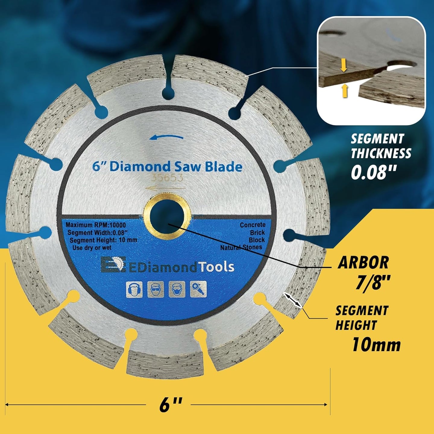 6" Segmented Diamond Saw Blade for Concrete, Brick, Block and Masonry, 10Mm Segment Height, 7/8"-5/8" Arbor