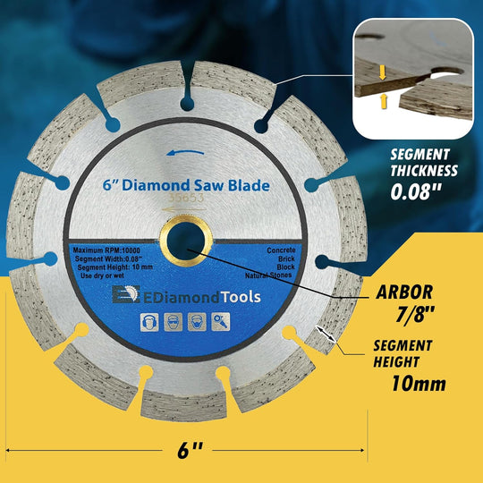 6" Segmented Diamond Saw Blade for Concrete, Brick, Block and Masonry, 10Mm Segment Height, 7/8"-5/8" Arbor