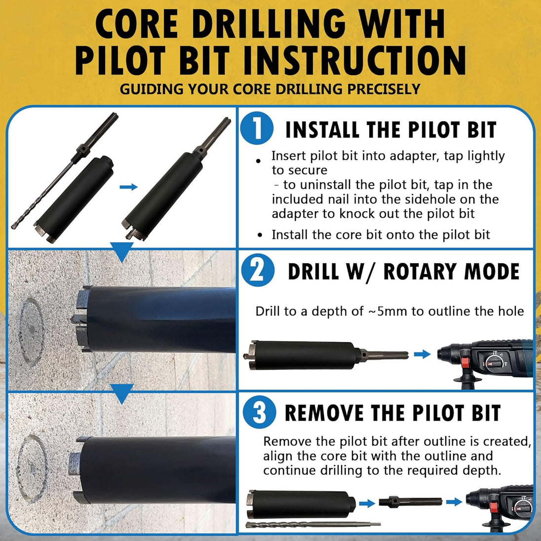 3" Dry/Wet Multipurpose Core Bit for Masonry, Concrete and Natural Stone, 6" Drilling Depth, SDS Max Pilot Bit with 5/8"-11 Arbor