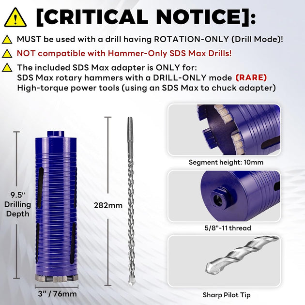 3" Pro Dry Core Drill Bit with Pilot Bit & 3 Adapters (SDS Plus/Sds Max/1/2 Hex), Upgraded-Welded Blade Core Bits for Concrete with Rebar, Masonry, Brick, Mortar - 9.5" Depth, 5/8"-11 Thread