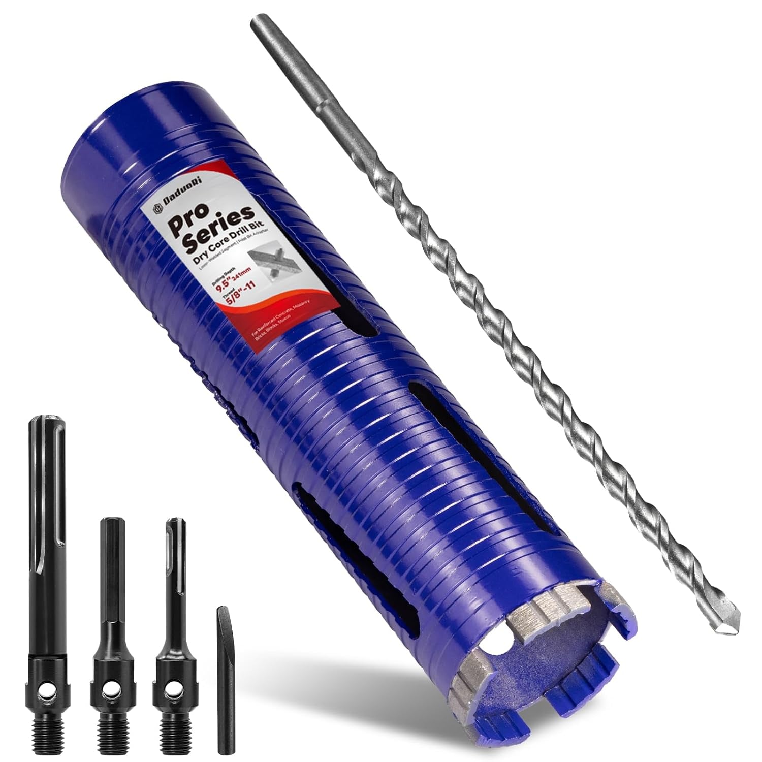 2-1/2" Pro Dry Core Drill Bit with Pilot Bit & 3 Adapters (SDS Plus/Sds Max/1/2 Hex), Upgraded-Welded Core Bits for Concrete with Rebar, Masonry, Brick, Mortar - 9.5" Depth, 5/8"-11 Thread
