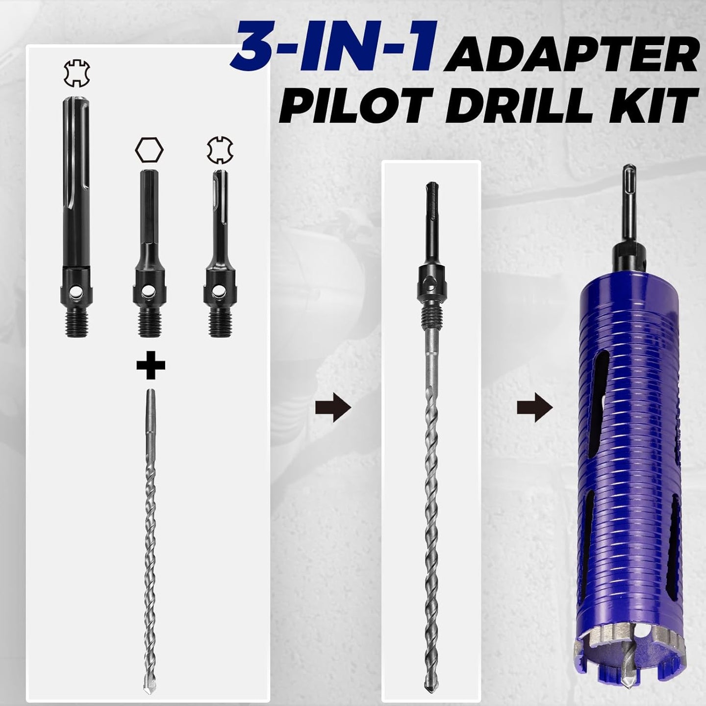 2-1/2" Pro Dry Core Drill Bit with Pilot Bit & 3 Adapters (SDS Plus/Sds Max/1/2 Hex), Upgraded-Welded Core Bits for Concrete with Rebar, Masonry, Brick, Mortar - 9.5" Depth, 5/8"-11 Thread