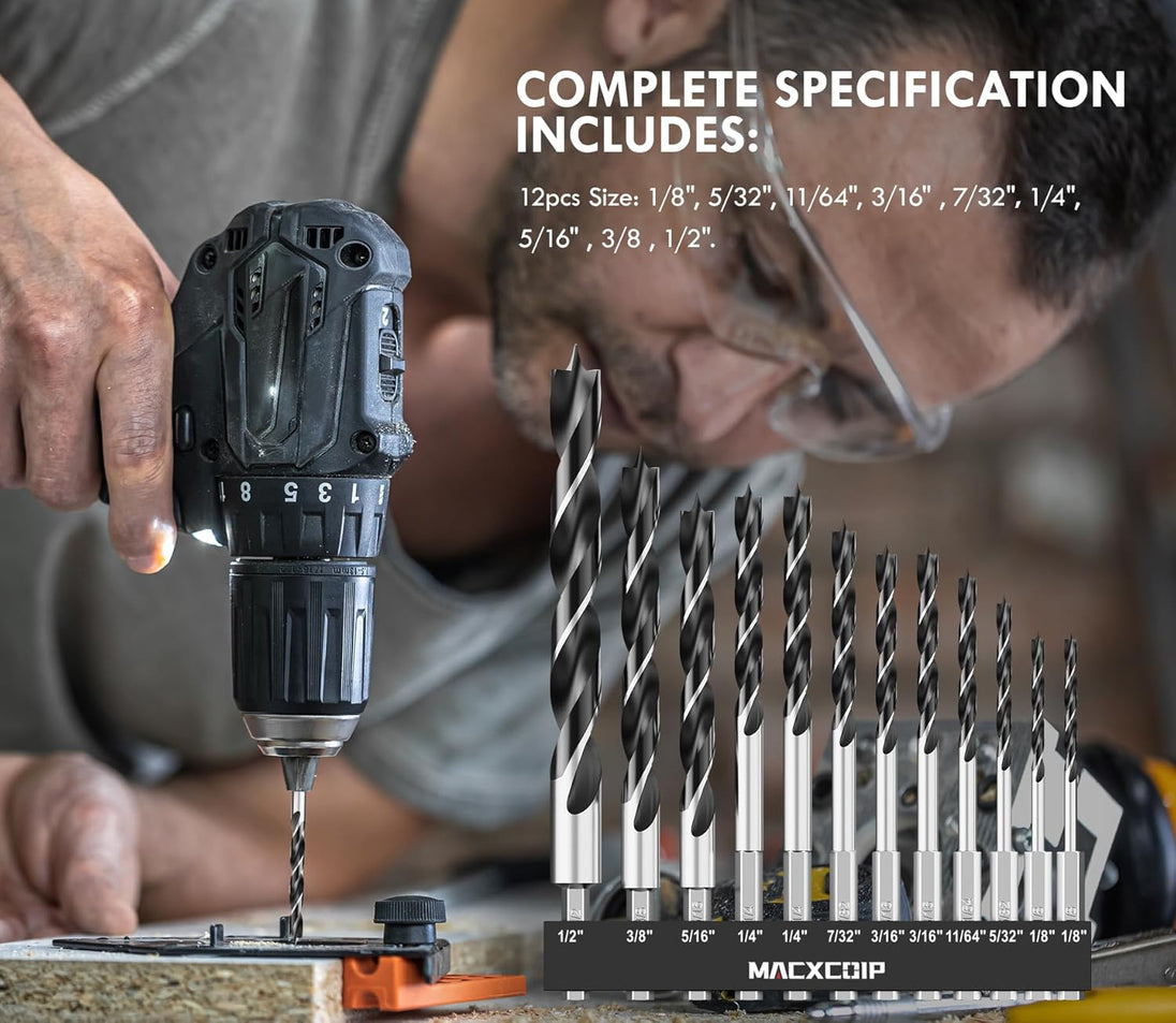 Brad Point Wood Drill Bit Set, 12Pcs Hex Shank Drill Bit Set with Double Flutes Design for Carpenter Woodworking and All Types of Wood (1/8" - 1/2")