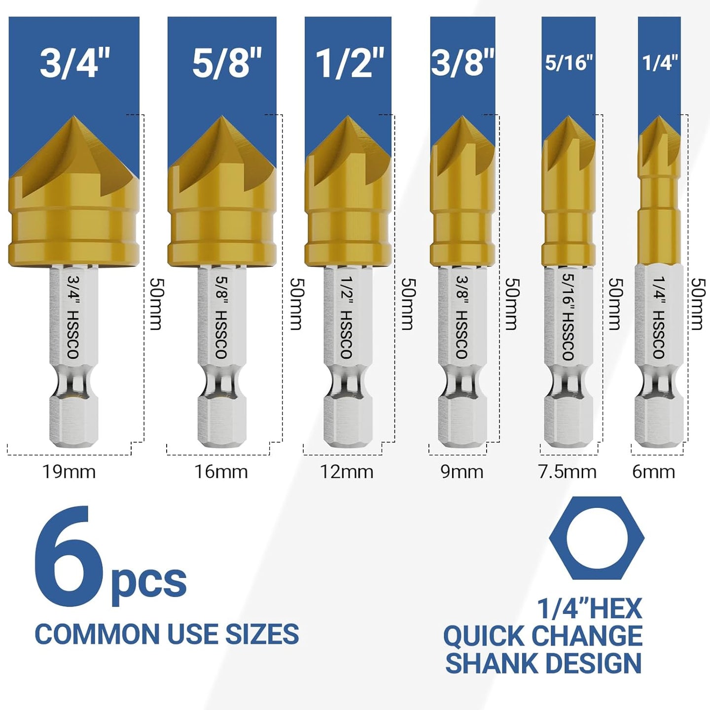 6 Pieces Countersink Drill Bit Set, M35 Cobalt HSS Countersink Drill Bits with 1/4 Inch Quick Change Hex Shank for Metal, Wood, Stainless Steel, Carbon Steel