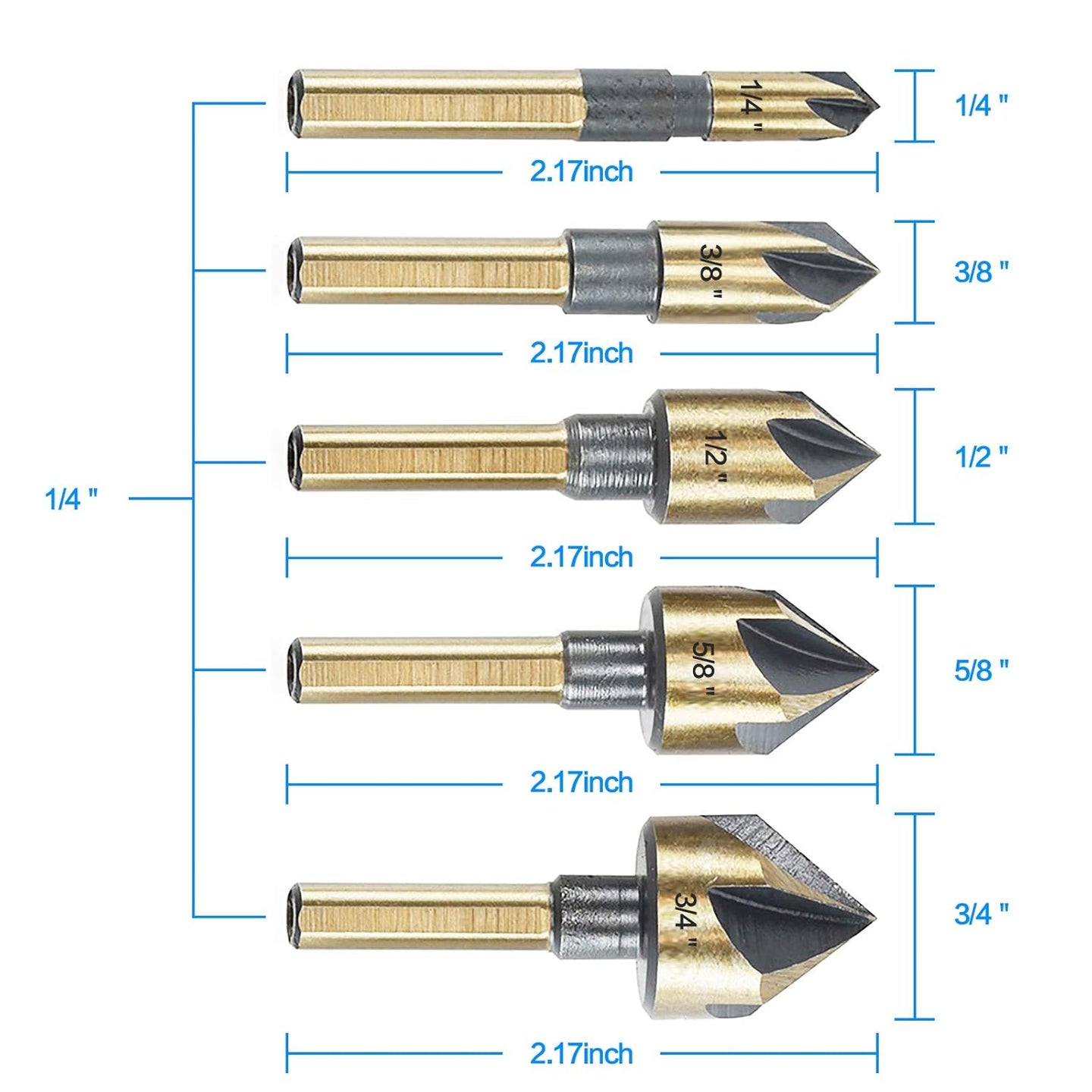 Countersink Drill Bit Set, 5 Pieces High Speed Steel 82 Degree 5 Flute 6Mm round Shank Mill Cutter Bit Countersink in Sizes 1/4” 3/8” 1/2” 5/8” 3/4” Set with Carrying Case