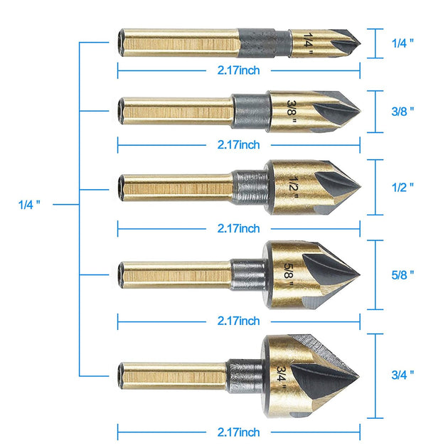 Countersink Drill Bit Set, 5 Pieces High Speed Steel 82 Degree 5 Flute 6Mm round Shank Mill Cutter Bit Countersink in Sizes 1/4” 3/8” 1/2” 5/8” 3/4” Set with Carrying Case