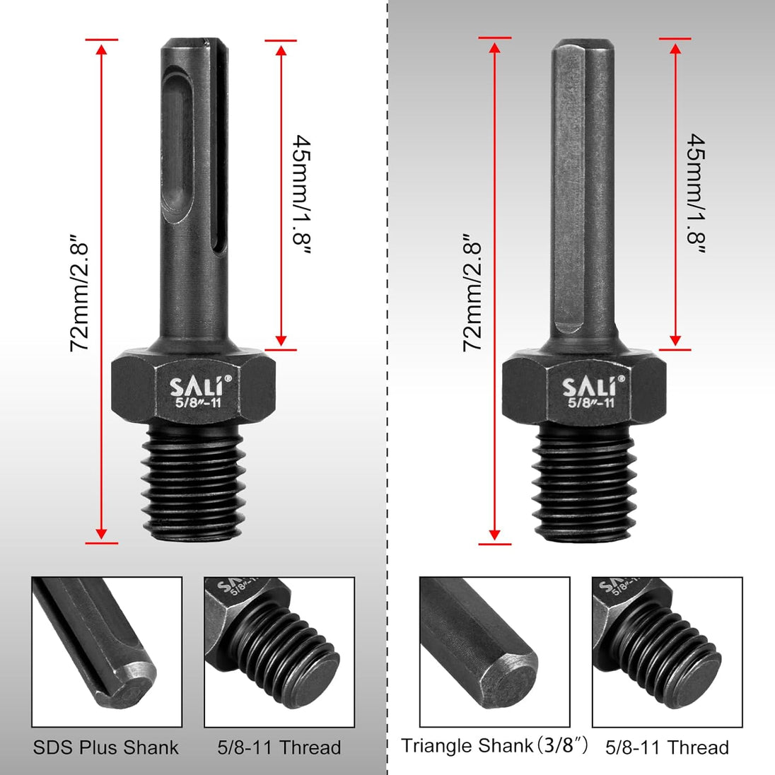 2PCS Core Drill Bit Adapter 5/8"-11 Thread Male to 3/8" SDS plus Shank and 3/8" Triangle Shank 5/8" -11 Male Drill Bit Adapter for Threaded Diamond Hole Saw Diamond Core Drill