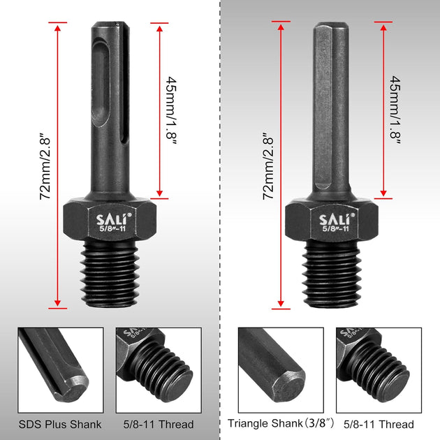 2PCS Core Drill Bit Adapter 5/8"-11 Thread Male to 3/8" SDS plus Shank and 3/8" Triangle Shank 5/8" -11 Male Drill Bit Adapter for Threaded Diamond Hole Saw Diamond Core Drill