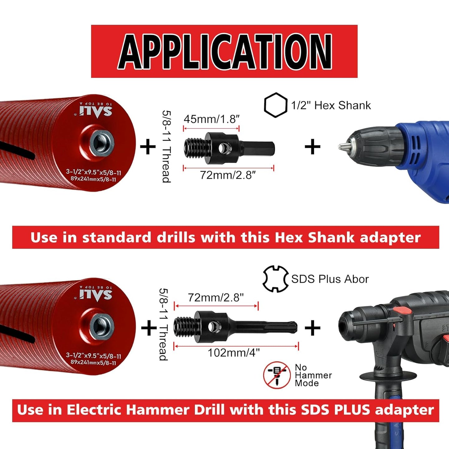 Diamond Core Drill Bits 2 1/2" Diameter 10"/254Mm Drilling Depth 5/8-11" Thread Core Bit Turbo Laser-Welded Segments for Cured Concrete with Brick Block Masonry with Two Adapters（Red）