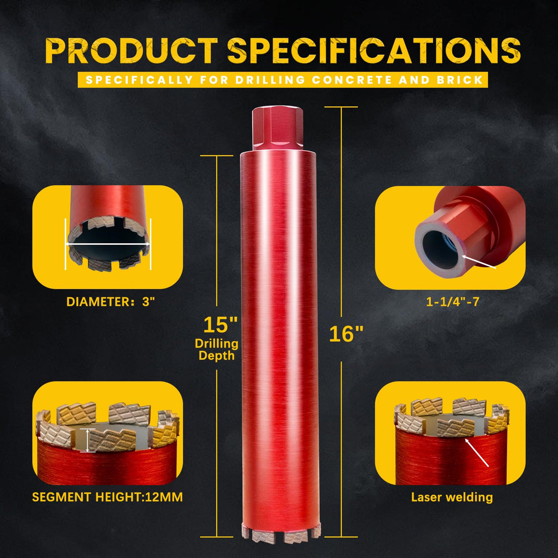 RDT 3" Diamond Drill Core Bits for Concrete Masonry Brick and Stone, Laser-Welded Wet Drill Bit, 14" Drilling Depth, 1-1/4"-7 Arbor, for Construction & DIY Home Renovation