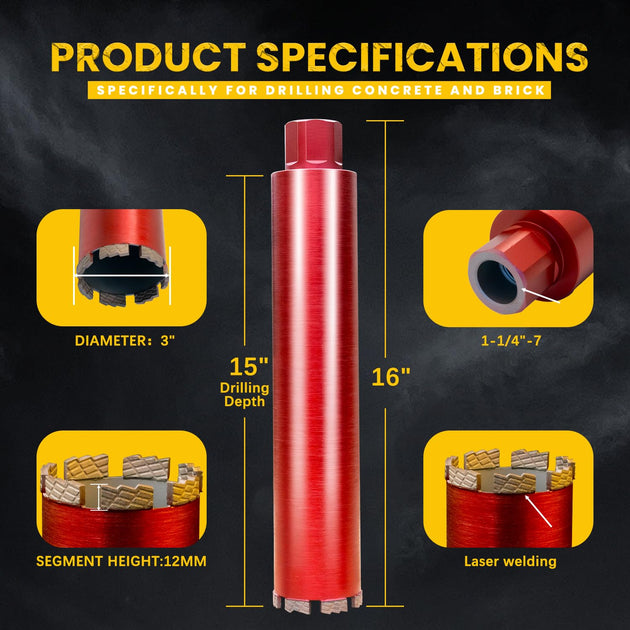 RDT 3" Diamond Drill Core Bits for Concrete Masonry Brick and Stone, Laser-Welded Wet Drill Bit, 14" Drilling Depth, 1-1/4"-7 Arbor, for Construction & DIY Home Renovation