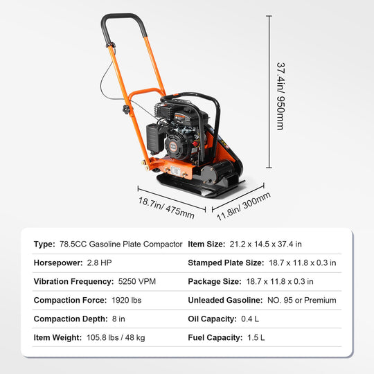 Uimoso Walk-Behind Vibratory Plate Compactor Rammer 2.8HP 78.5Cc EPA Soil Tamper