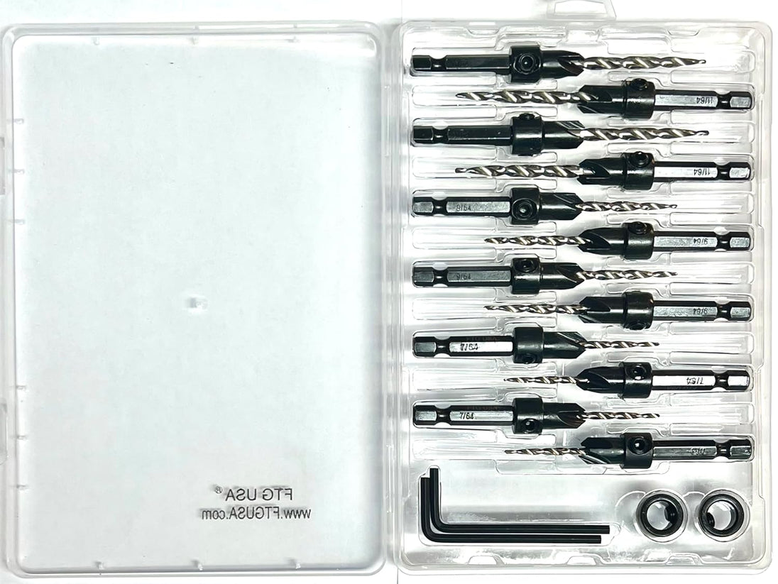 Countersink Drill Bit Set 4 Pc #4 (7/64"), 4 Pc #6 (9/64"), 4Pc #8 (11/64") with Tapered Drill Bits, Depth Stop and Storage Container