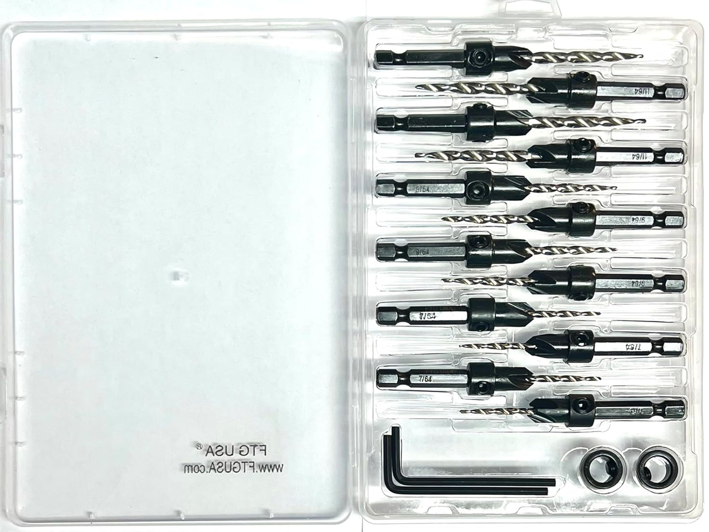Countersink Drill Bit Set 4 Pc #4 (7/64"), 4 Pc #6 (9/64"), 4Pc #8 (11/64") with Tapered Drill Bits, Depth Stop and Storage Container