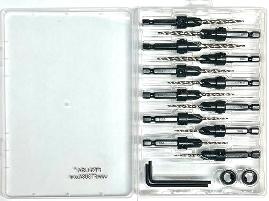 Countersink Drill Bit Set 4 Pc #4 (7/64"), 4 Pc #6 (9/64"), 4Pc #8 (11/64") with Tapered Drill Bits, Depth Stop and Storage Container