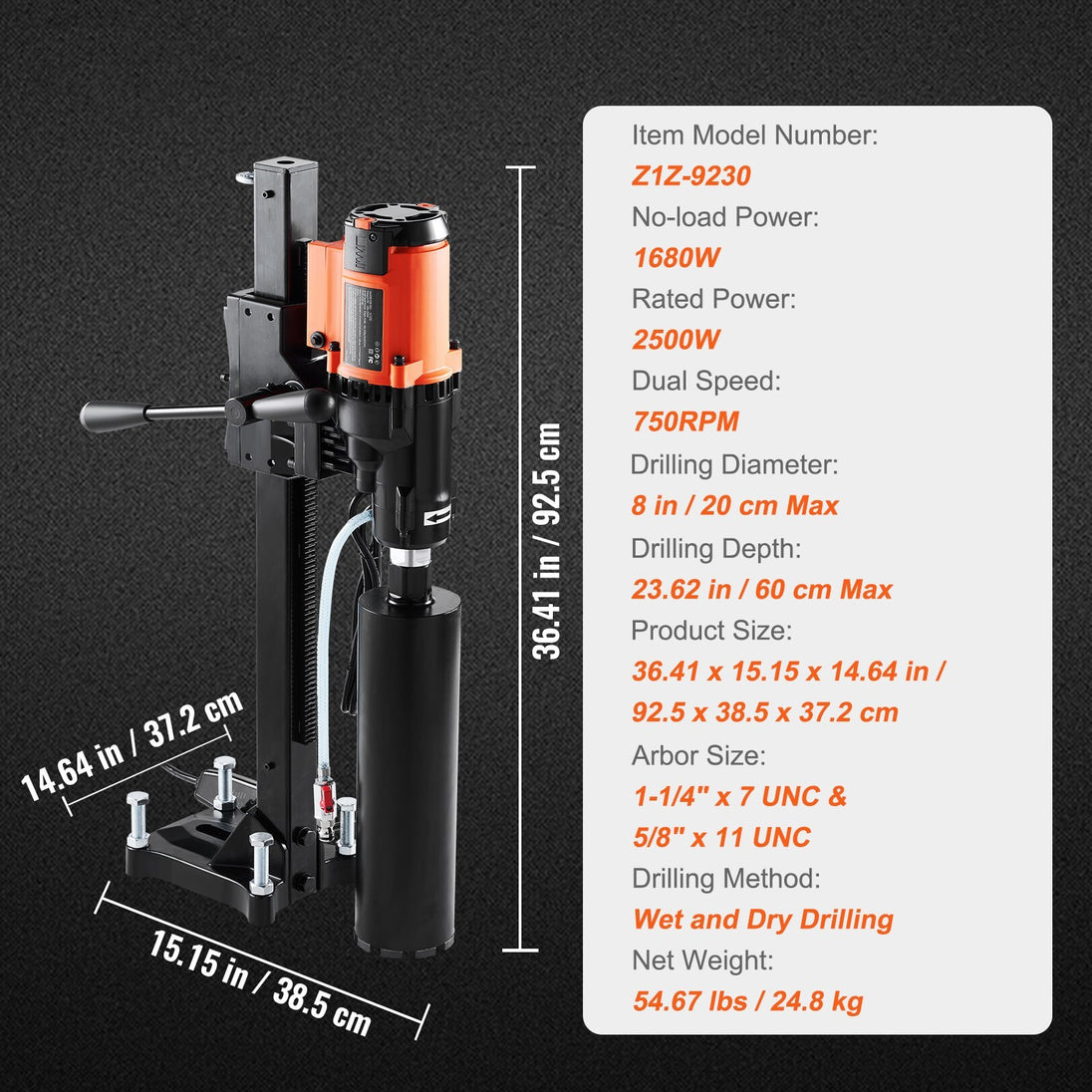 Wet&Dry Diamond Core Drill Machine Concrete Core Drill Rig 2500W 750RPM