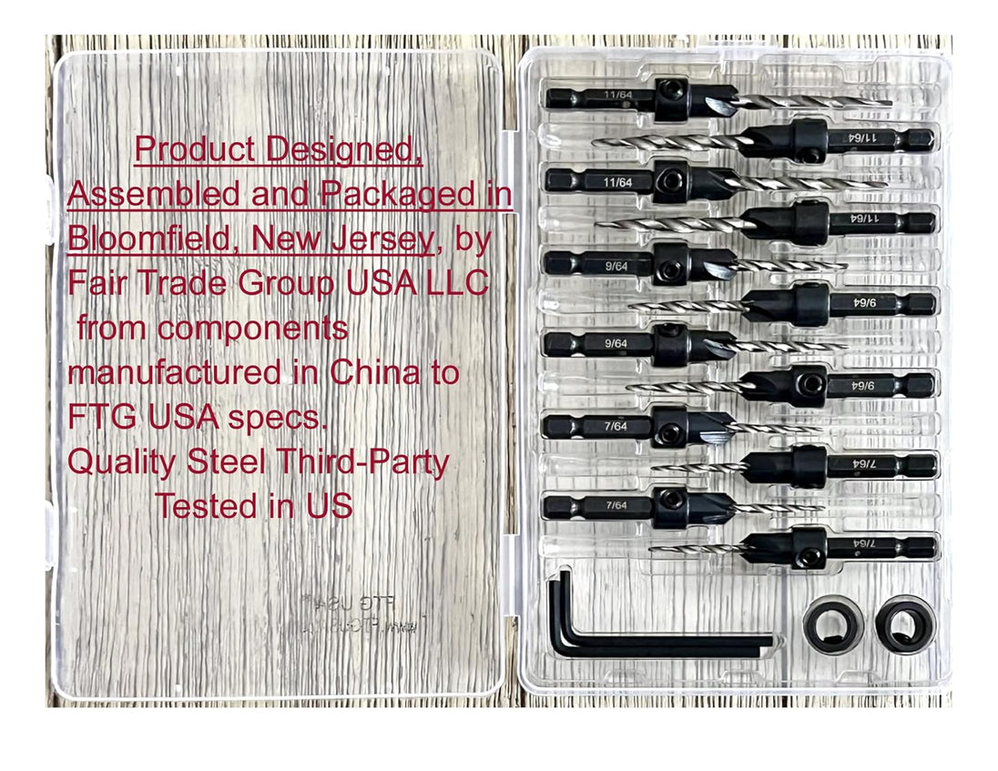 Countersink Drill Bit Set 4 Pc #4 (7/64"), 4 Pc #6 (9/64"), 4Pc #8 (11/64") with Tapered Drill Bits, Depth Stop and Storage Container