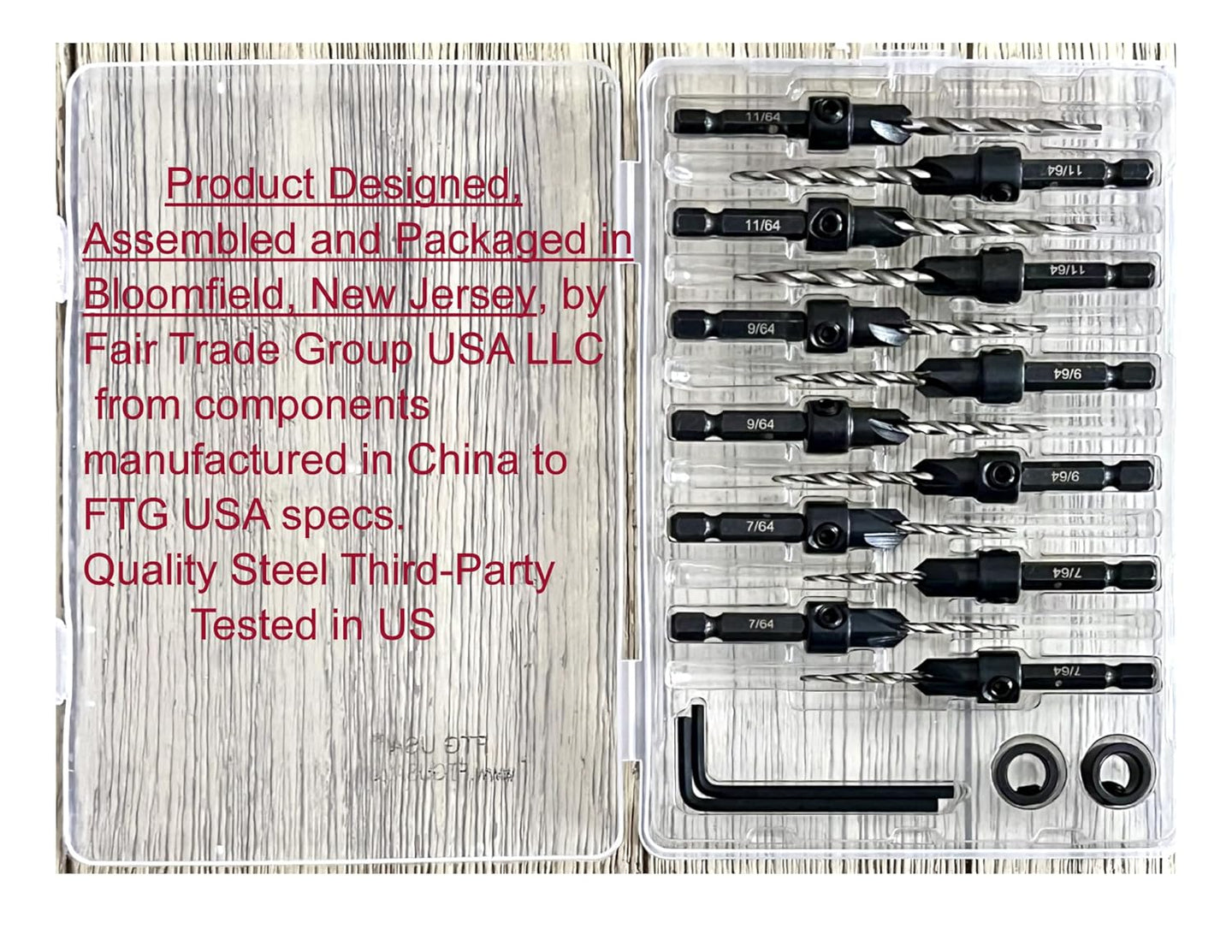 Countersink Drill Bit Set 4 Pc #4 (7/64"), 4 Pc #6 (9/64"), 4Pc #8 (11/64") with Tapered Drill Bits, Depth Stop and Storage Container