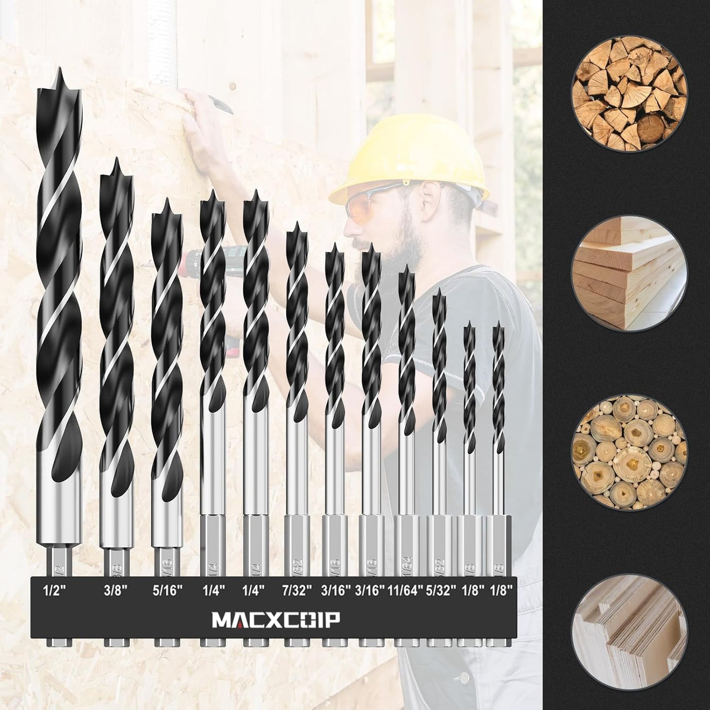 Brad Point Wood Drill Bit Set, 12Pcs Hex Shank Drill Bit Set with Double Flutes Design for Carpenter Woodworking and All Types of Wood (1/8" - 1/2")