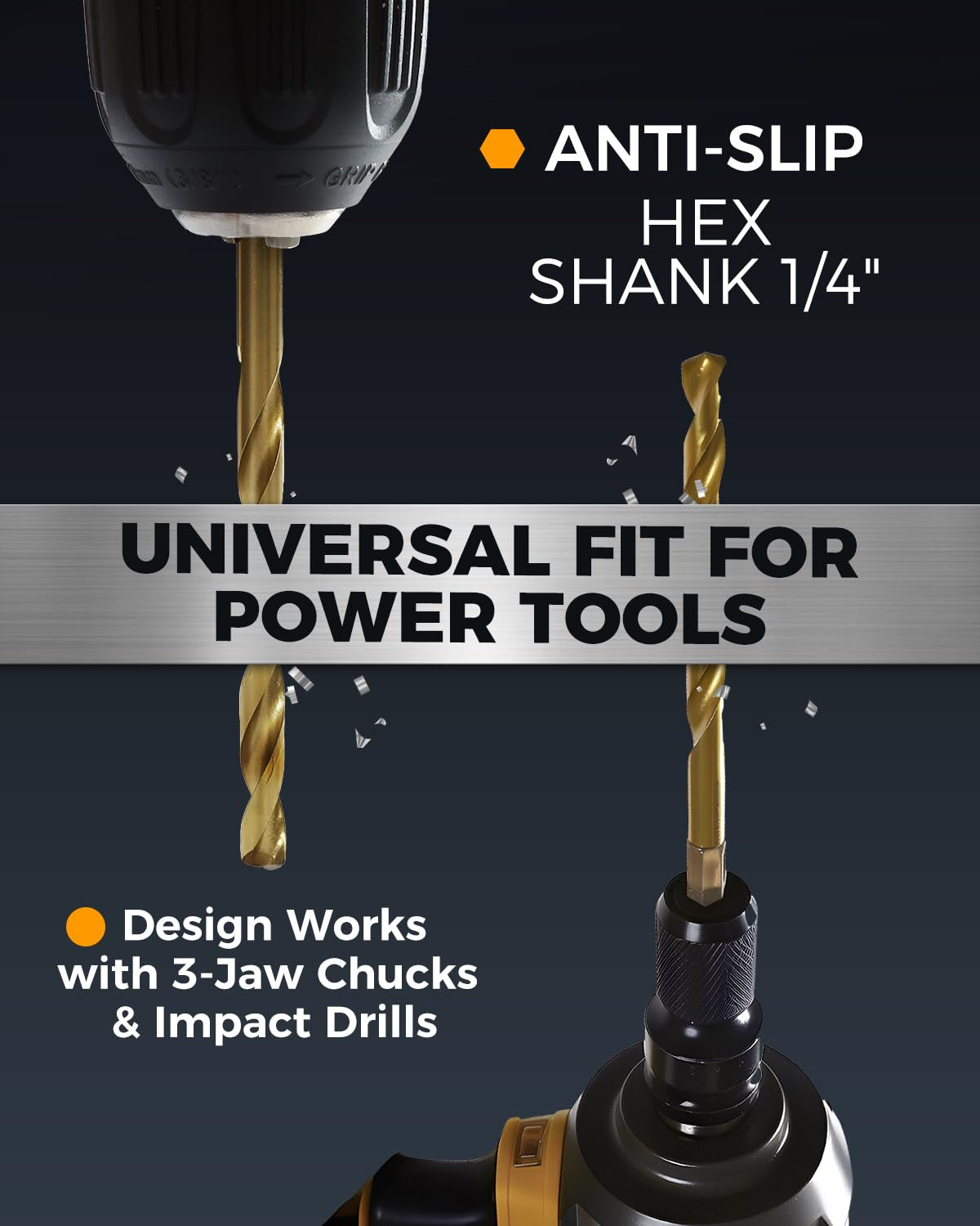 Titanium Twist Drill Bit Set - 16 Pcs Hex Shank High Speed Steel for Wood Plastic Aluminum Alloy, Quick Change, 1/16"-1/4"