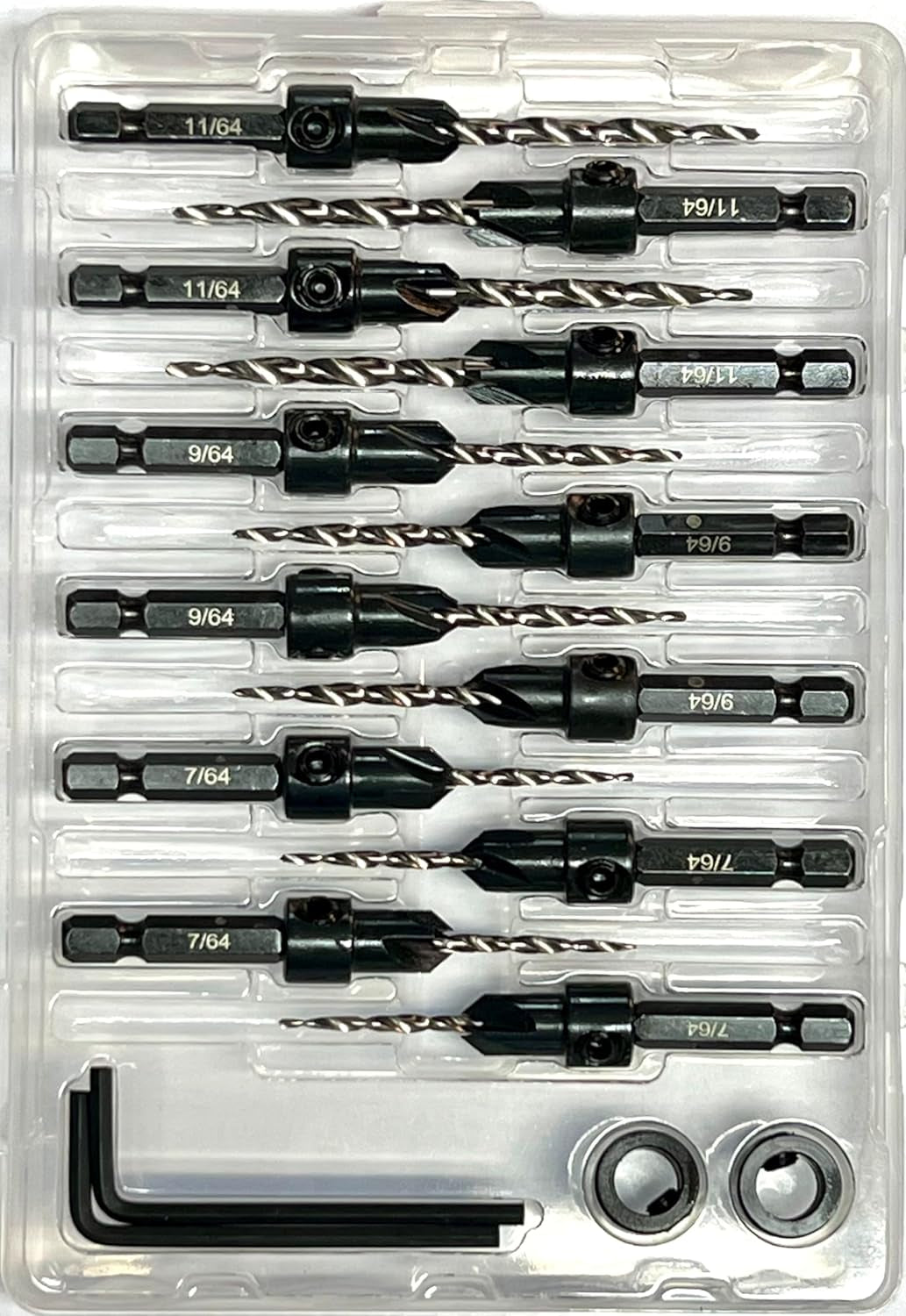 Countersink Drill Bit Set 4 Pc #4 (7/64"), 4 Pc #6 (9/64"), 4Pc #8 (11/64") with Tapered Drill Bits, Depth Stop and Storage Container