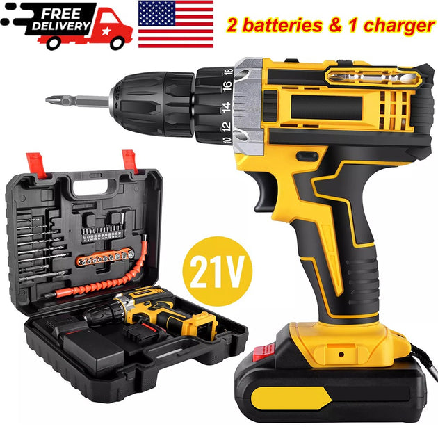 21V Cordless Hammer Drill Set Electric Impact Driver Screwdriver with 2 Battery