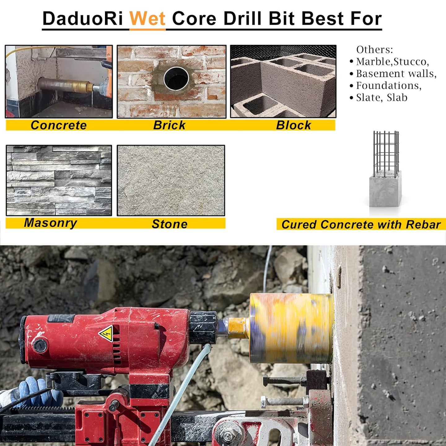 4 Inch Wet Core Drill Bits,  4" Core Bit for Concrete, 14" Drilling Depth, 1-1/4"-7 Thread Diamond Core Bit for Cured Concrete with Rebar, Hard Masonry, Brick Block, Stucco, Stone (102Mm)