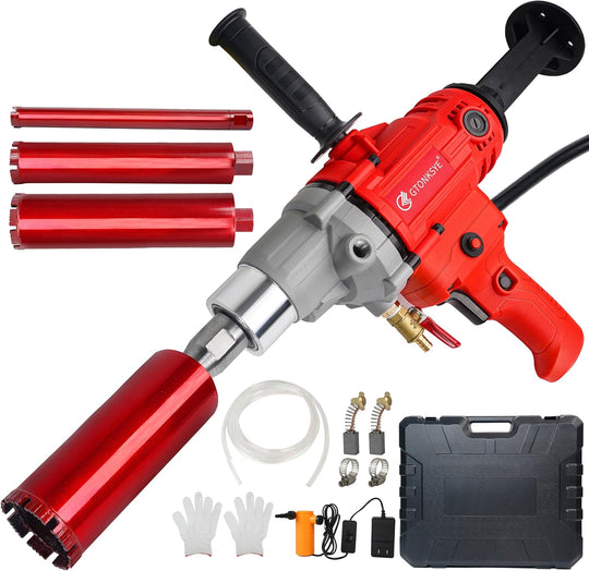 Diamond Core Drilling Machine, Handheld Dry and Wet Core Drill Rig, 1-1/4"Threaded Shaft, Equipped with Wet Drill Bits 1.25", 2.5", 3.25",4"And Water Pump Set, for Concrete Bricks and Stones