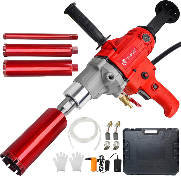 Diamond Core Drilling Machine, Handheld Dry and Wet Core Drill Rig, 1-1/4"Threaded Shaft, Equipped with Wet Drill Bits 1.25", 2.5", 3.25",4"And Water Pump Set, for Concrete Bricks and Stones
