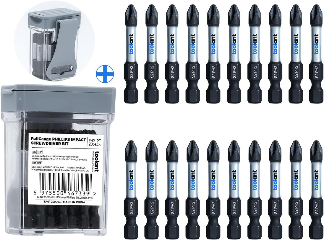 2 Inch Phillips Bit#2 Magnetic anti Slip Impact Screwdriver Bits Set,20Pcs Insert S2 Steel PH2 Driver Dit Set with CNC Machined Tips for Power Drill