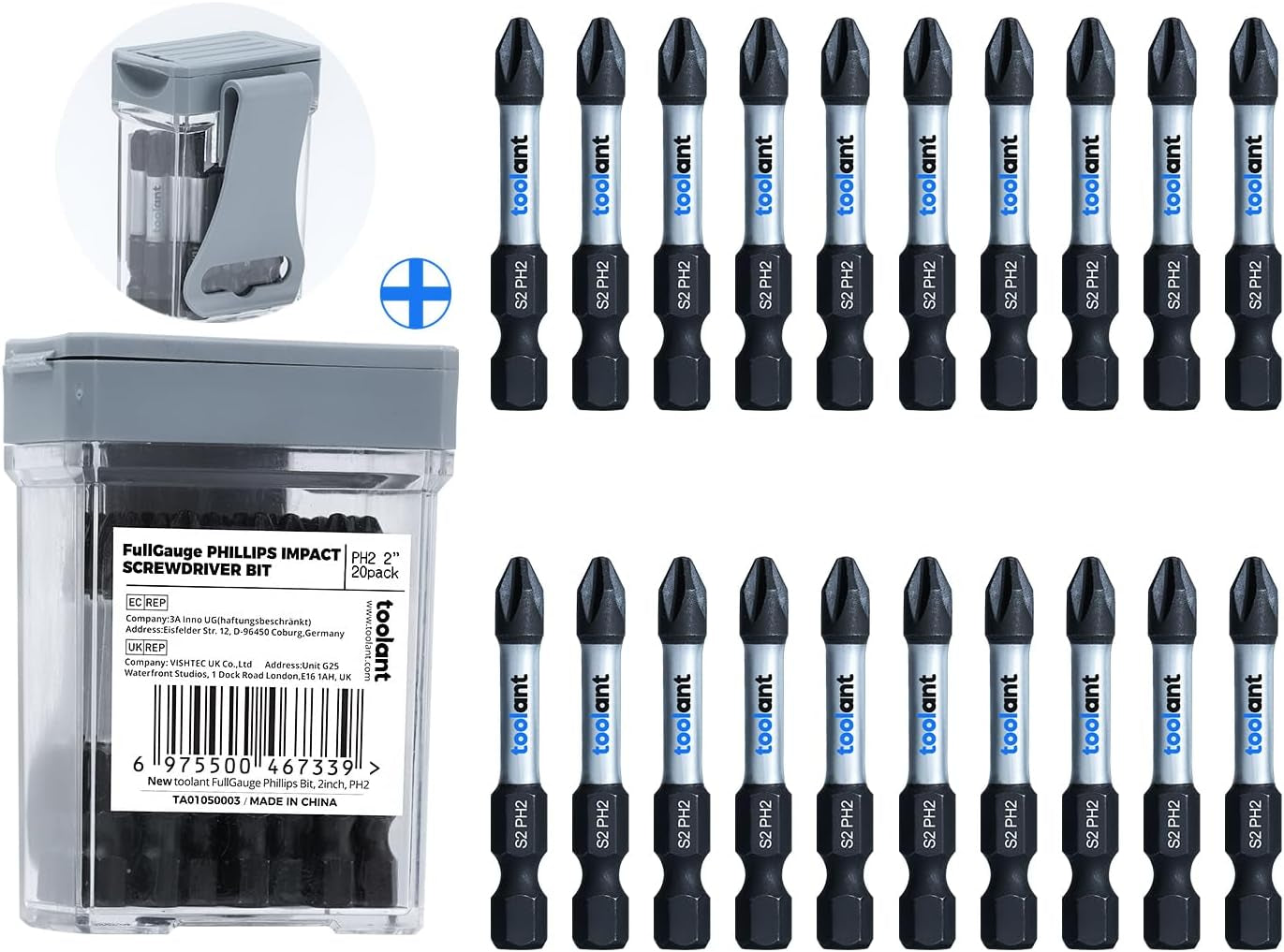 2 Inch Phillips Bit#2 Magnetic anti Slip Impact Screwdriver Bits Set,20Pcs Insert S2 Steel PH2 Driver Dit Set with CNC Machined Tips for Power Drill
