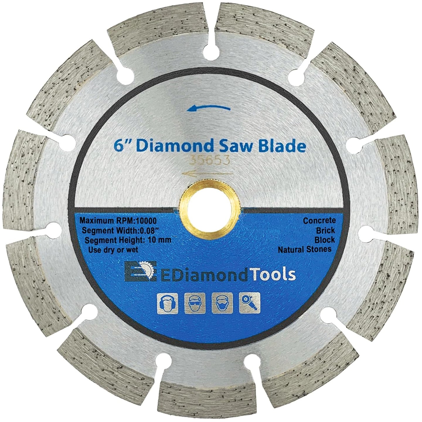 6" Segmented Diamond Saw Blade for Concrete, Brick, Block and Masonry, 10Mm Segment Height, 7/8"-5/8" Arbor