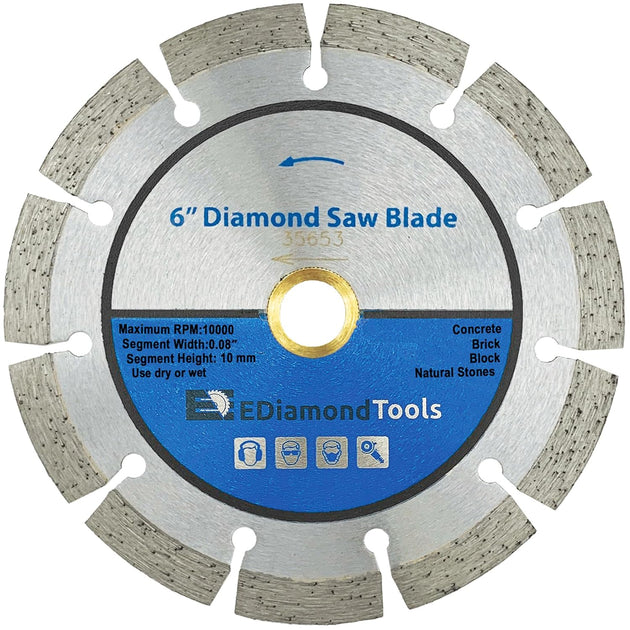 6" Segmented Diamond Saw Blade for Concrete, Brick, Block and Masonry, 10Mm Segment Height, 7/8"-5/8" Arbor