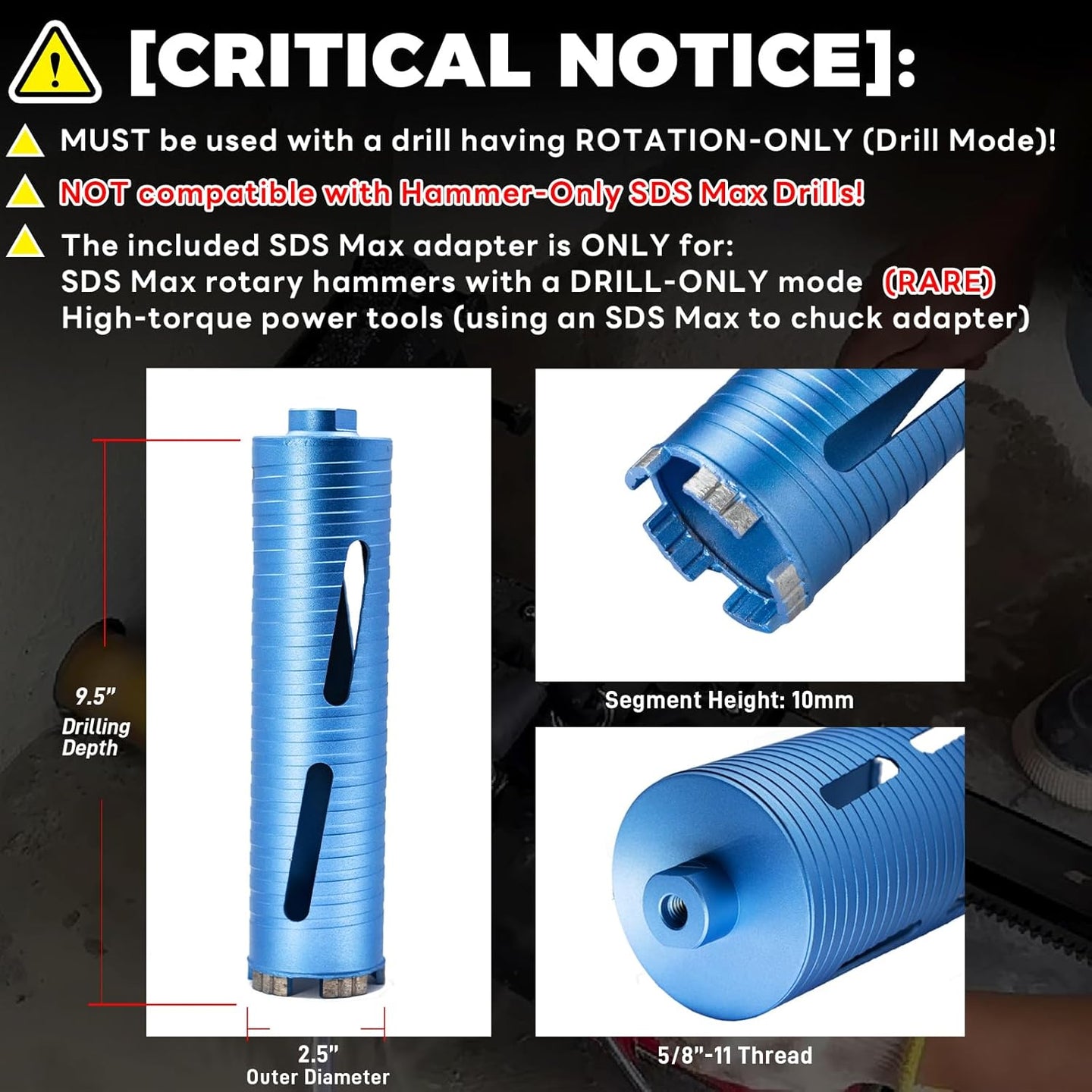 2 1/2" Dry Core Drill Bit, 5/8"-11 Thread, with 3 Adapters Included: SDS Plus, SDS Max and 1/2" Hex Shank; 9.5" Drill Depth, 2.5 Inch Diamond Core Bits for Brick, Block and Masonry